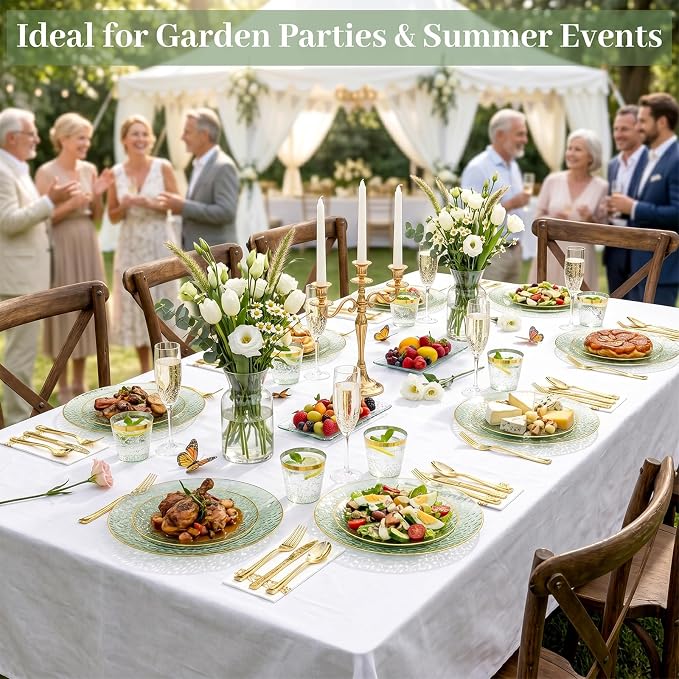 DaYammi 350PCS Sage Green Plastic Dinnerware Set, Plastic Plates Disposable Hammered Disposable Plates for Party, Include: 50 Dinner Plates 50 Dessert Plates 150 Gold Silverware 50 Napkins 50 Cups