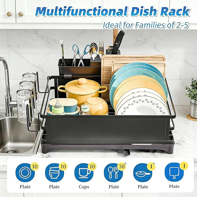 Simple Trending Dish Drying Rack for Kitchen Counter, 12" D x 16" W, Black | Stainless Steel Dish Rack for Kitchen Counter, Dish Drainer with Cutlery & Cup Holders, Anti-Rust, Counter Space Saving
