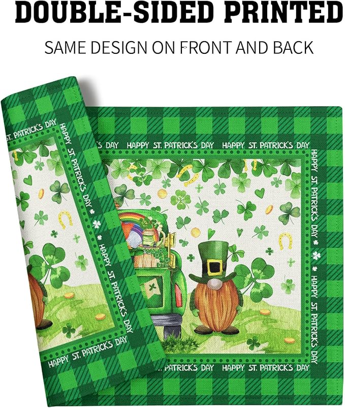 St. Patrick's Day Placemats 12x18 Inch Gnomes Truck Shamrock Clover Gold Coin Heat Resistant Table Mats Set of 4 Green Buffalo Plaid Washable Place Mats for Home Kitchen Dining Holiday Party