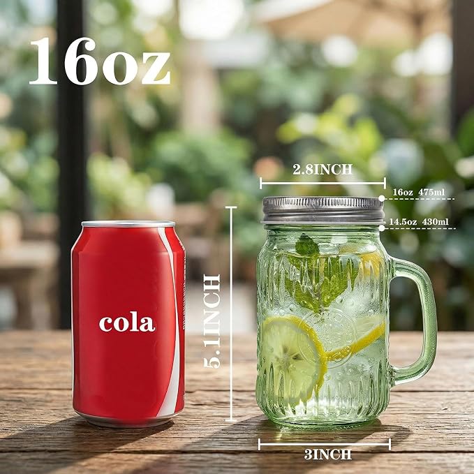 DaYammi 6 Pack Mason Jars Cups with Lids and Straws, Green, 16 ounces | Vintage Drinking Glasses, Leak Proof Iced Coffee Cups for Daily Use & Party