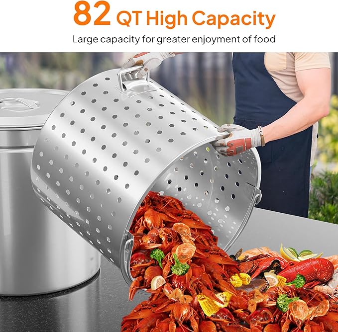 Bonnlo 82QT Stainless Steel Stock Pot for Boiling Seafood, Crawfish lobster & Crab, Frying Turkey & Steaming Tamales, Large Boil Pot with Steamer Basket, Lid, Lifting Hook for Outdoor Cooking Party