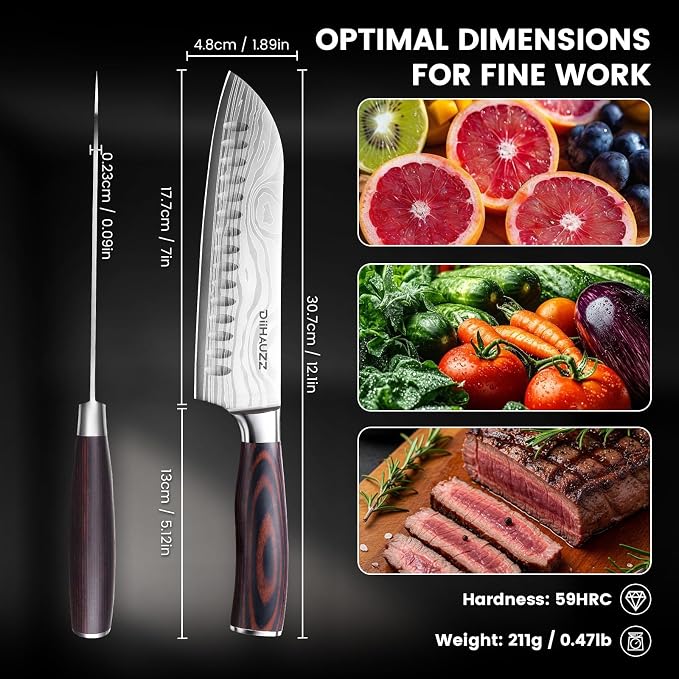 DiiHAUZZ 7" Santoku Knife, Japanese Chef Knife with Non-Stick Granton Edge | High Carbon Stainless Steel, Razor Sharp Edge, Ergonomic Handle, No Crack or Shrink Pakkawood, 59HRC, Sheath & Gift Box