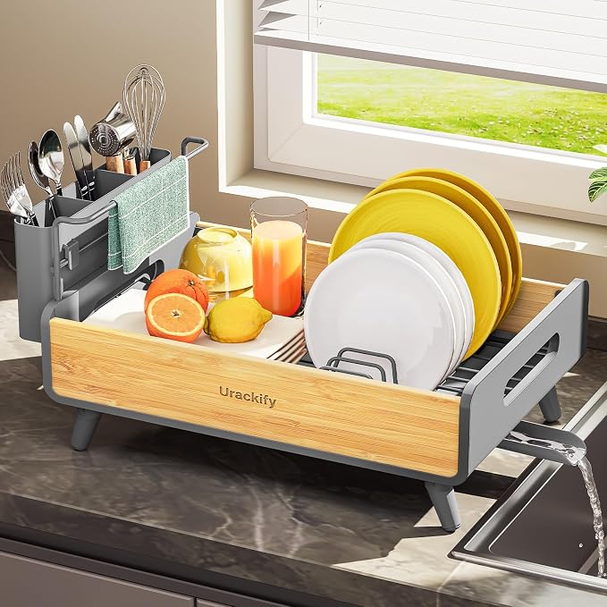Urackify Modern Dish Rack for Kitchen Counter,Stainless Steel & Bamboo,Grey | Elegant Bamboo Accent, Large Capacity, Self-Draining Spout, Rust-Resistant, Removable Utensil Holder