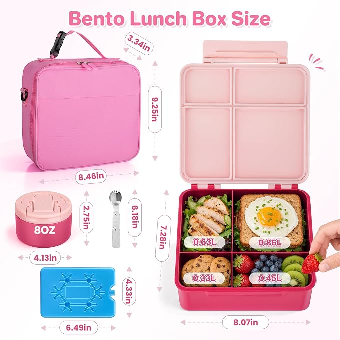 Bento Lunch Box with 8oz Soup Thermo,Kids Leakproof 4 Compartment Lunch Food Containers with Sauce Cup and Ice Pack,Kids Thermo Insulated Hot Food Jar and Lunch Bag for School,Trvael-Pink
