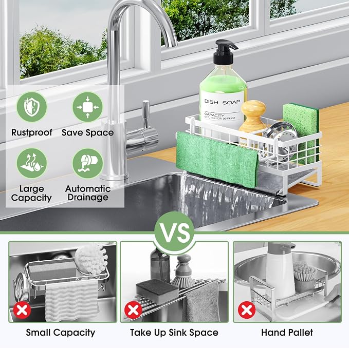 Kitchen Sink Caddy, Rustproof Self-Draining Sponge Holder, White | Metal Kitchen Caddy Sink Organizer, Detachable Dish Cloth Holder, Non-Slip Base, Kitchen Countertop Storage Accessories