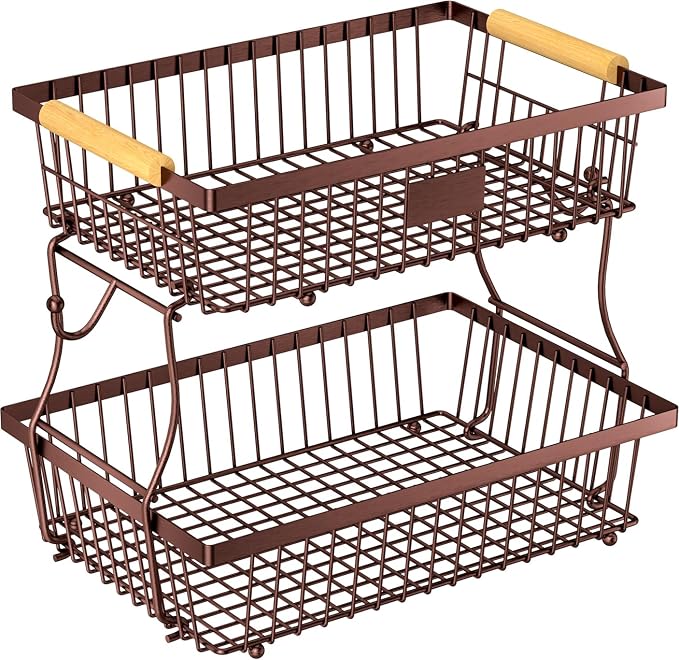 2 Tier Fruit Basket for Kitchen Counter with 2 Banana Hangers, Countertop Metal Bread Basket with Wooden Handle, Large Storage Stand for Vegetables, Snacks, Eggs, Produce Storage – Brown