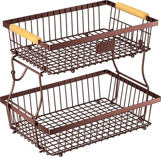 2 Tier Fruit Basket for Kitchen Counter with 2 Banana Hangers, Countertop Metal Bread Basket with Wooden Handle, Large Storage Stand for Vegetables, Snacks, Eggs, Produce Storage – Brown
