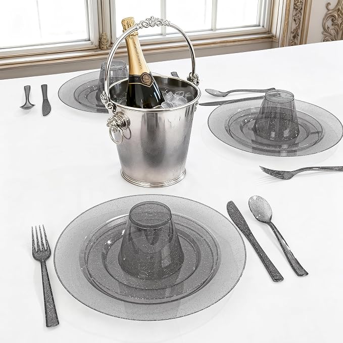 DaYammi 210PCS Black Glitter Plastic Dinnerware Set for 30 Guests, Fancy Disposable Plates for Party, Include: 30 Dinner Plates, 30 Dessert Plates, 30 Pre Rolled Napkins and 30 Cups