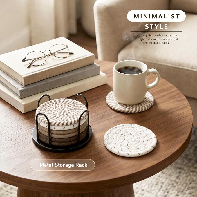 Lazebox Coasters Set of 8 for Drinks, 4 Inch Large Coasters for Coffee Table, Tabletop Protection for Hot & Cold Drinks, Versatile Coasters for Home Decor, Non-Slip & Easy to Clean, Brown