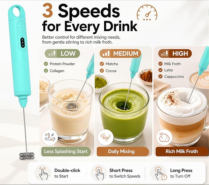 Rechargeable Milk Frother Handheld 3 Speed Coffee Foamer [3 Whisk] Electric Drink Mixer for Latte, Cappuccino, Coffee, Eggs, Hot Chocolate, Mint