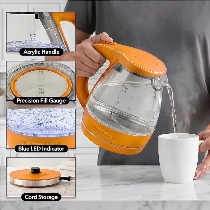 OVENTE 1.5L Glass Electric Kettle Water Boiler, Orange KG83O | 1100W Fast Boiling, Borosilicate Glass, BPA-Free, Blue LED, Auto Shut-Off, Boil-Dry Protection, Removable Filter, 360° Base