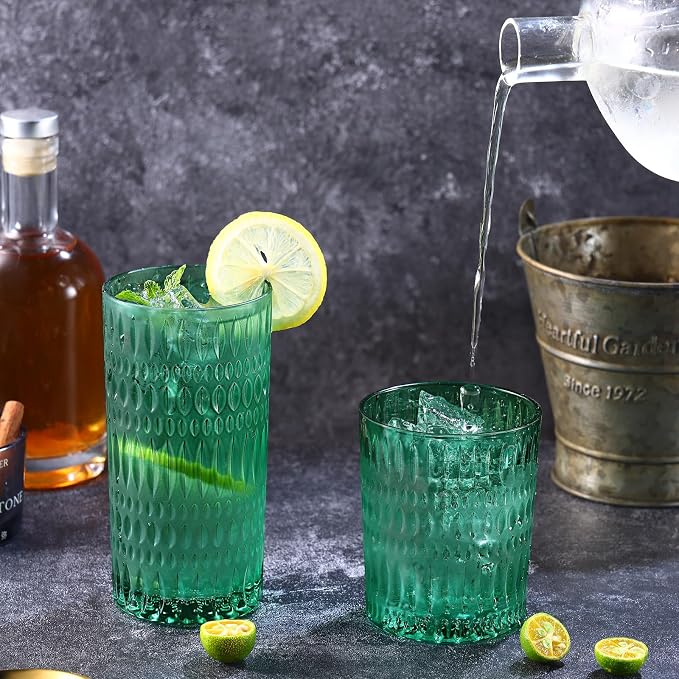 Loivttvv Glassware Drinking Glasses Set of 8, 14 oz Highball Glasses & 10 oz Ribbed Glass Cups, Vintage Glassware for Water, Juice, Cocktail, Whiskey (Dark Green)