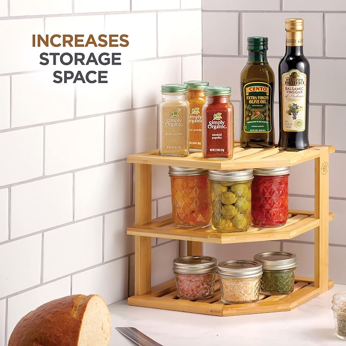 Bambüsi Plate Organizer for Cabinet, Corner Shelf Kitchen Organizer, Bamboo | 3-Tier Countertop Rack, Space-Saving Corner Organizer, Holds Plates Bowls Mugs Cups, Dish Storage Organization, Easy Assembly