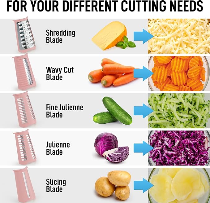 Zulay Kitchen Rotary Cheese Grater 5 Blade Cheese Shredder - Manual Hand Crank Cheese Grater With Reinforced Suction & 5 Interchangeable Drums - Easy to Use, Vegetable Chopper Round Mandoline Slicer