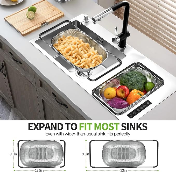 FirstE Stainless Steel Over the Sink Colander Strainer Basket 6 Quart | Fine Mesh Colander with Expandable Anti-slip Rubber Grip Handles, Kitchen Vegetable Strainer for Drain Pasta, Rinse Fruits