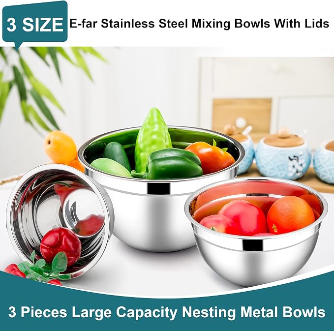 E-far Mixing Bowls with Lids, 6-Piece Stainless Steel Salad Bowls Metal Nesting Bowls for Baking Cooking and Prepping, Airtight Lids & Stackable Design, Size 4.5, 3, 1.5 QT (Blue)