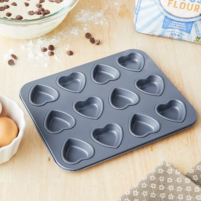 Fox Run Mini Heart Muffin Pan, 12-Cup, Preferred Non-Stick, Gray | Make Mini Heart Muffins & Cupcakes | Baking Pan For Valentine's & Date Nights | Easy Rlease Nonstick | Makes 12 Mini Hearts