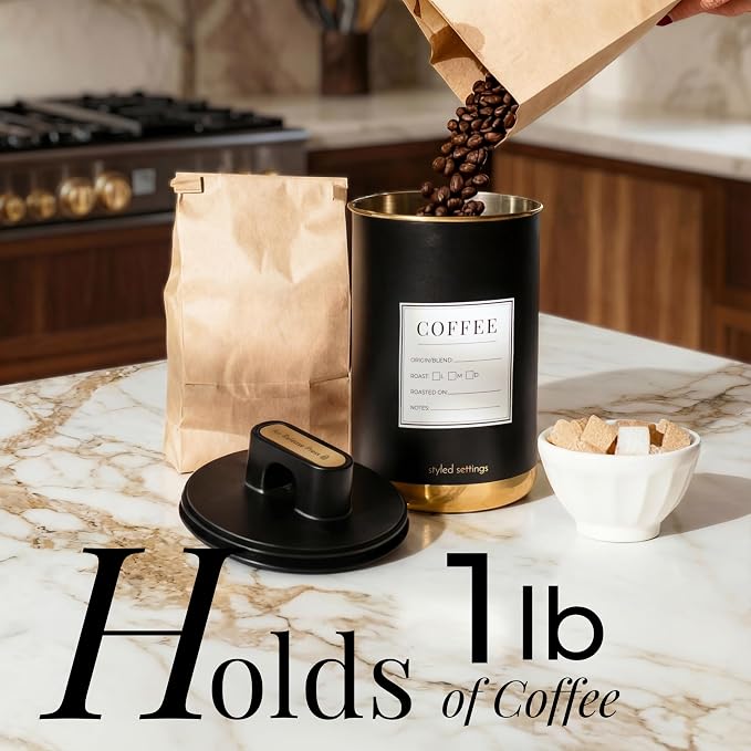 STYLED SETTINGS Vacuum Coffee Canister with Airtight Lid, Black and Gold | Stainless Steel, BPA Free, Food Grade, Vacuum Effect, Air Tight, Stackable