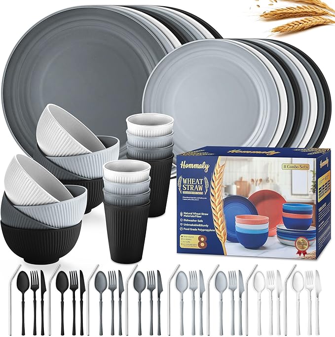 Wheat Straw Dinnerware Sets,64-Piece Plates and Bowls Sets for 8-Unbreakable,Reusable Plastic Dish Set-Dinner Plate/Dessert Plate/Cereal Bowl/Cup/Utensils-Microwave Dishwasher Safe 64P-Profound Gray