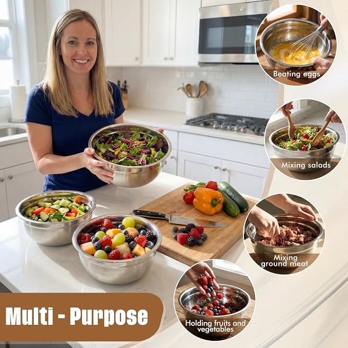 Geetery 6 Pack Stainless Steel Mixing Bowls with Airtight Lids 3qt Metal Mixing Bowl Thicker Stainless Steel Salad Bowls for Food Prep, Baking, Storage, Cooking, Serving Dishwasher Safe (White Lid)