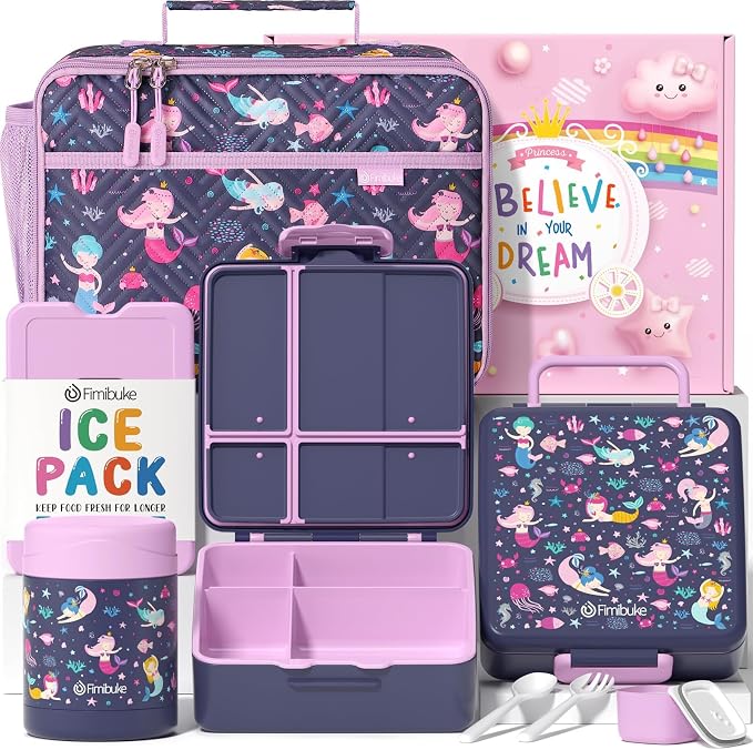 Fimibuke Kids Bento Snack Lunch Box with Thermo Insulated Toddler Lunch Bag | Lunch Box Kids with 4 Compartment, Food Jar, Ice Pack, Utensils, Birthday Gifts for Ages 3-12 Back to School Toddler Girl Boy