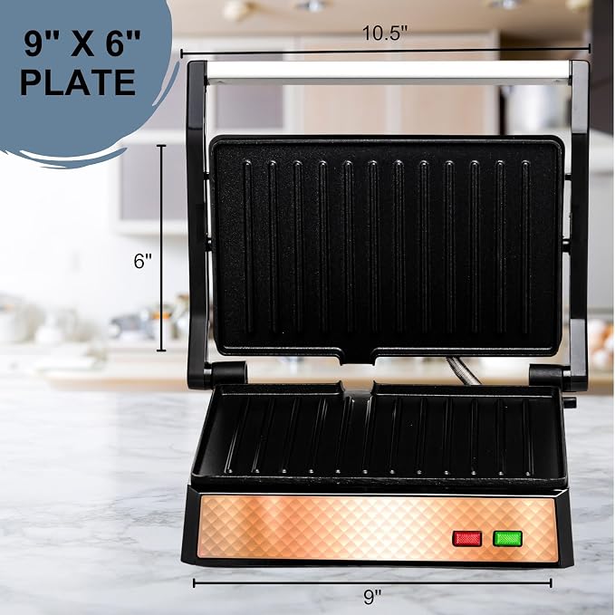 OVENTE Electric Indoor Panini Press Grill + Sandwich Maker, Copper GP0620CO | Opens 180 Degrees to Fit Any Type or Size of Food, 1000W Indoor Cooking Perfect for Quesadillas, Burgers & More