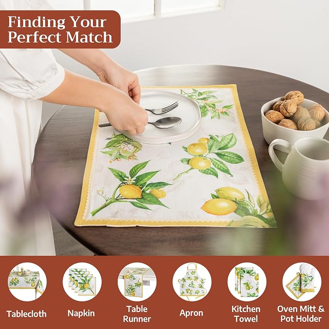 Maison d' Hermine Placemats Set of 4 Reusable 100% Cotton (13"x19") | Cloth Place Mats Washable Table Mats for Kitchen Dining Party Wedding Hotel Home Restaurant Spring Summer - Limoncello