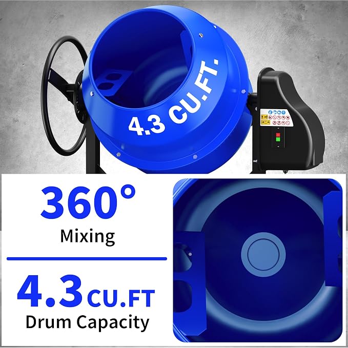 120L Electric Cement Mixer, 4.3 Cubic Ft. 450W 3/5HP Portable Concrete Mixer Machine with Stand And Wheels for Stucco, Mortar, Seeds, Blue