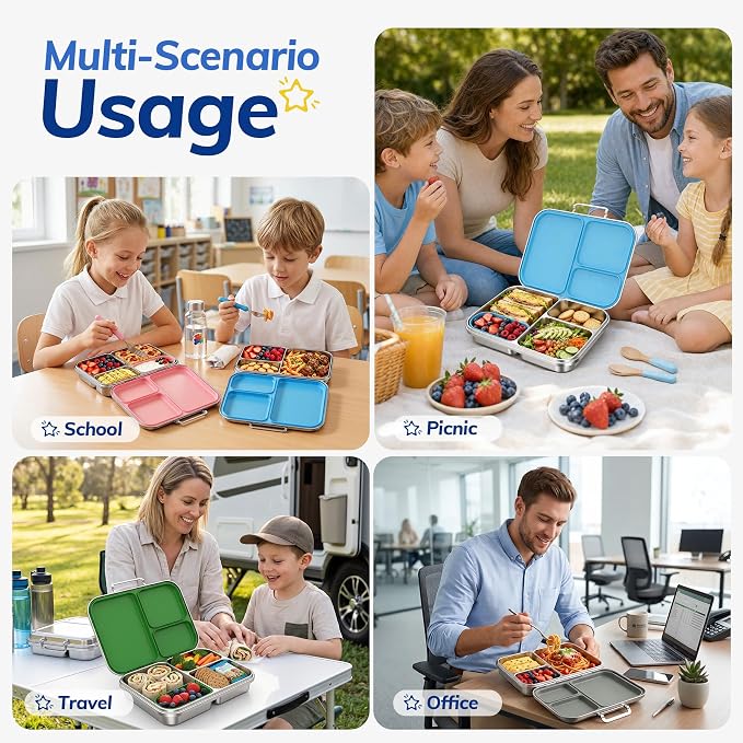 Stainless Steel Bento Lunch Box for Kids and Adults,3 Compartment Meal Lunch Box with Detachable Silicone Lid,Leak-Resistant Food Container with Snack Cup for School,BPA-Free(Blue)