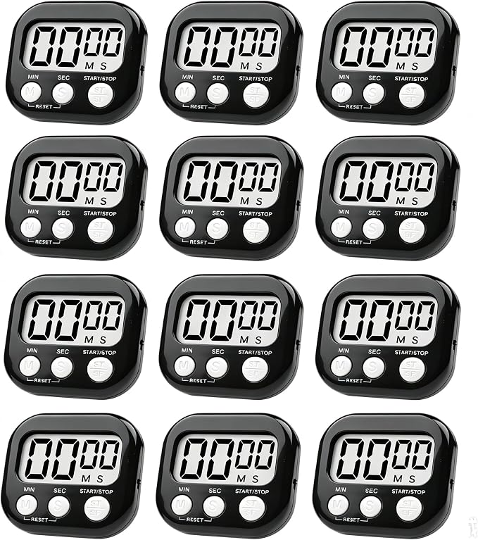 12 Pack Digital Kitchen Timer Large LCD Display Loud Alarm Strong Magnetic Stand, Minute Seconds Count Up Countdown and Simple Operation Timers for Cooking, Bathroom, Kids, Teacher, Classroom - Black