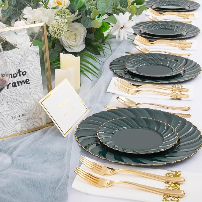 YOUBET 150PCS Emerald Green Plastic Plates for Party Wedding | Green and Gold Disposable Dinnerware Include 50 Plates, 25 Knives, 25 Forks, 25 Spoons, 25 Napkins Ideal