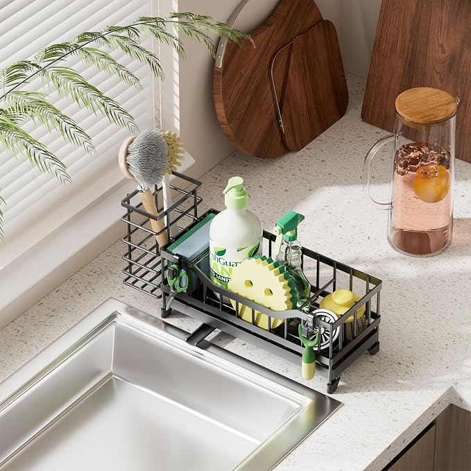 Sponge Holder for Kitchen Sink, Kitchen Sink Caddy with Long-Handled Dish Brushes Holder, 304 Rustproof Stainless Steel Countertop Organizers and Storage, Home Kitchen Sink Accessories (Black)