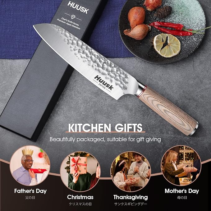 Huusk Japanese Chef Knife for Kitchen, 7" Sharp Stainless Santoku Knife | High Carbon Blade, Cooking Knife for Vegetable & Meat Cutting with Wood Handle, Gift Idea for Cooking Lovers