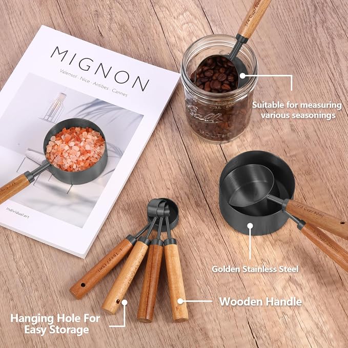 Measuring Cups and Spoons Set with Fragrant Wood Handles, Microwave safe | Premium Stainless Steel, Dishwasher safe, Precision Measuring Cup Set for the Kitchen Enthusiast , 8 Piece (Black)