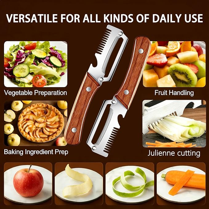 2Pcs Multi Functional Vegetable Peeler for Kitchen, with Bottle Opener and Wooden Handle, 3-in-1 Stainless Steel Kitchen Tool for Fruit Potato Pumpkin(3 in 1)