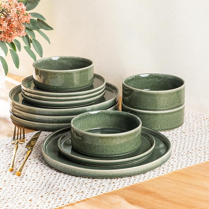 AmorArc Ceramic Dinnerware Sets for 4,12 Piece Plates and Bowls Sets Dishes | Stoneware Handmade Reactive Glaze Dishes Set | Highly Chip and Crack Resistant | Dishwasher & Microwave Safe