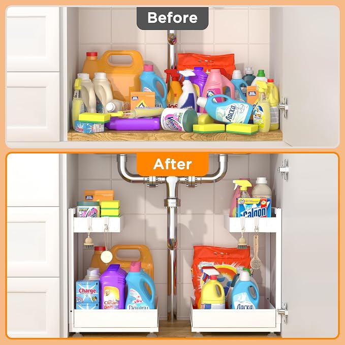 TATAANTY Under Sink Organizer 2 Pack, 2 Tier Metal Under the Sink Storage, Heavy Duty Slide out Pull out Cabinet Organizer, Height Adjustable for Kitchen Bathroom Pantry Closet Organization Rack
