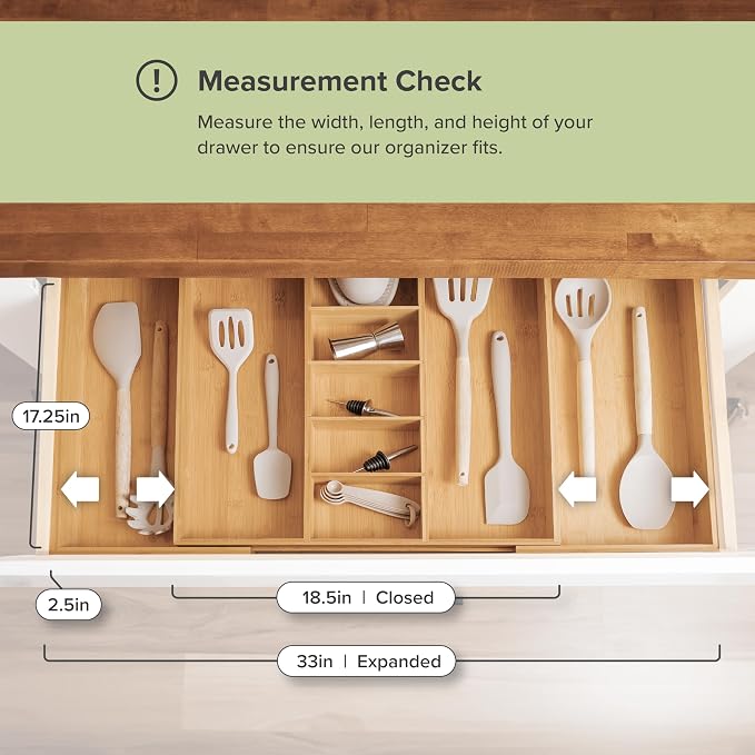 Utensil & Junk Drawer Organizer, 19-33 in, Bamboo | Food-safe contract grade, 100% sustainable wood, non-slip, adjustable
