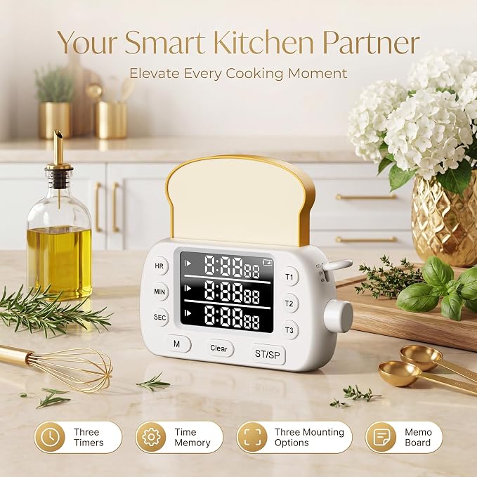 Digital Kitchen Timer for Cooking Magnetic Countdown Timers White | 3-Channel with Memory Preset for Baking, Toaster, Eggs Includes Memo Notes