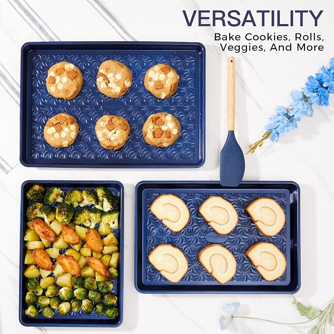 Nonstick Baking Sheet Pan Set of 3, Cookie Sheets for Oven, Non-Toxic, Blue | Half, Quarter & Jelly Roll Pans, Floral Swirl Texture, Heavy-Duty 0.8mm Carbon Steel, Even Heat Distribution