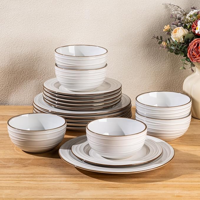 GBHOME Ceramic Dinnerware Sets of 6,18 pcs Plates and Bowls Sets Dishes | Embossed Elegant Stoneware Dishes Set | Dishwasher & Microwave Safe | Service for 4