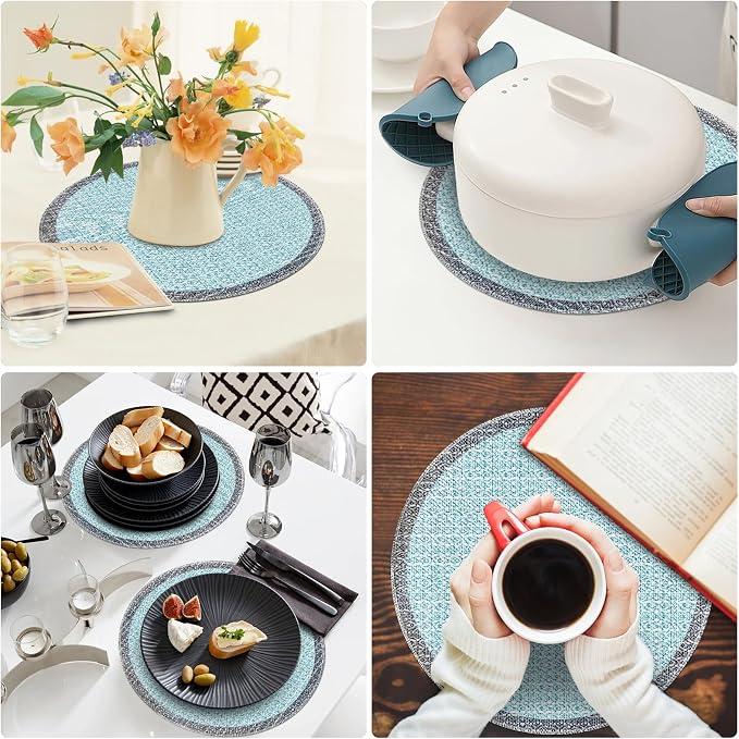 Blue Grey Ethnic Boho Round Placemats Set of 4, 15 Inch Linen Burlap Washable Durable Art Table Mats for Holiday Party Kitchen Dining Room Decoration