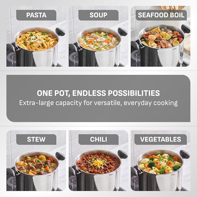 T-fal Specialty Stainless Steel 16-Quart Stock Pot with Lid, Induction Compatible, Soup Pasta Pot, Dishwasher-Safe, Oven Safe Up To 350, Silver