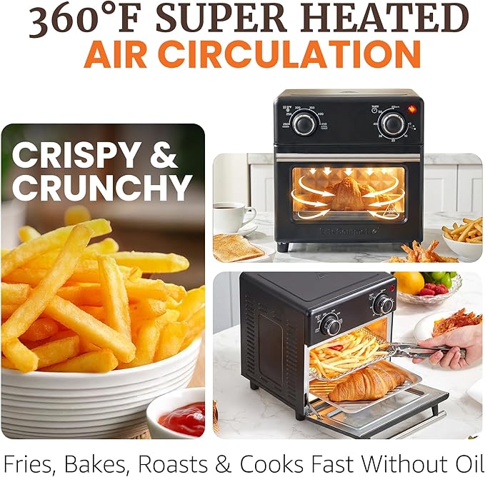 Elite Gourmet Compact Mini Air Fryer Oven, 8.5Qt, 800W, Black | Adjustable Time & Temperature Controls - Includes Air Fry Basket, Bake Pan & Recipes - Great for Countertop Use