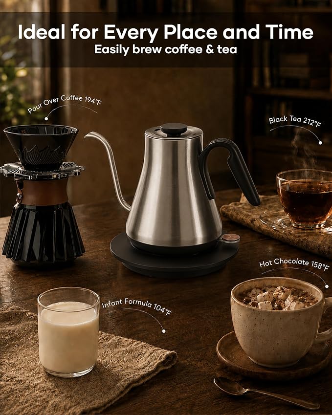 Cocinare Gooseneck Electric Kettle 0.8L, Fast Boil Pour Over Coffee, Tea | 1440W Fast Boil, 304 Stainless Steel Interior, Gooseneck Precision Spout, Auto Shut-Off & Boil-Dry Protection, Loos Silver