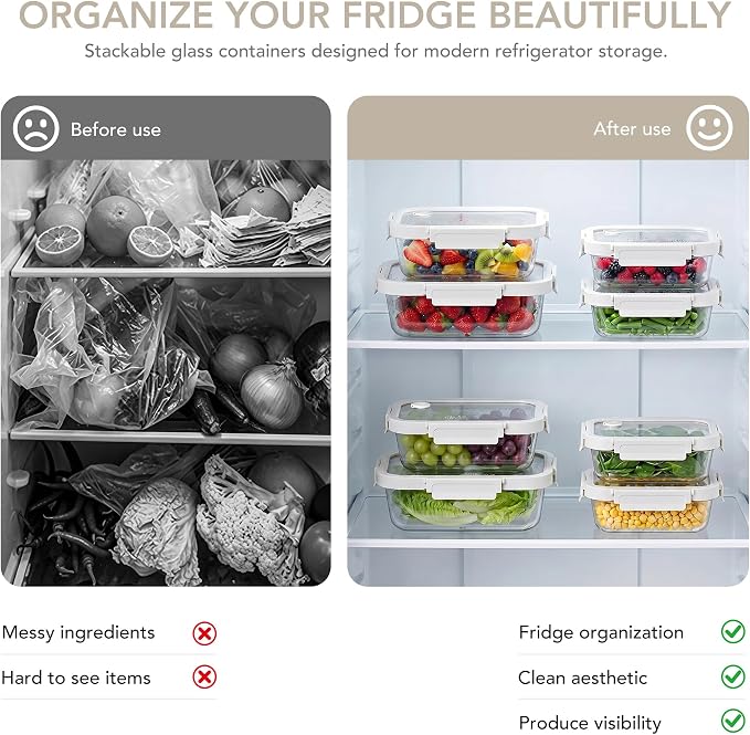 4 Pack Glass Produce Storage Containers for Fridge with Glass Lids | 82oz Borosilicate Produce & Meal Prep Containers, Airtight Leakproof BPA Free Fridge Organizer, Microwave Dishwasher Safe