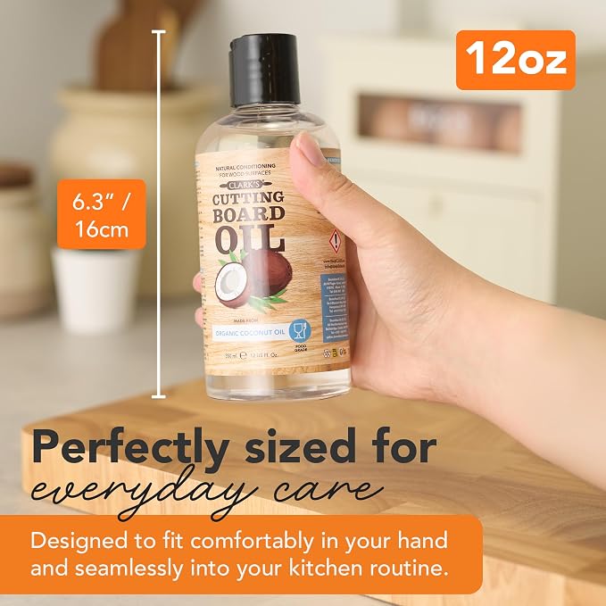 CLARK'S Cutting Board Oil made with Organic Coconut Oil, 12 Oz - Food Grade | Food Safe MCT Coconut Oil, Deep Wood Nourishment, Prevents Drying & Cracking, Butcher Blocks & Bowls