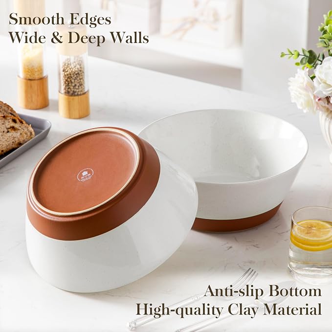 MALACASA Serving Bowls, 105oz Large Salad Bowls for Party, Entertaining | Big Ceramic Bowls for Soup, Fruit and Pho, 2-Pc Wide Bowl Set, Microwave & Dishwasher Safe, White & Brown, Series TARA