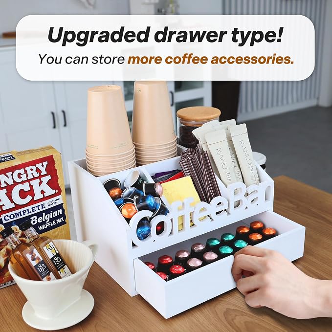 Coffee Bar Organizer Countertop,Wood Coffee Station with Drawer,Home&Office | K-Cups, Tea Bags, Sugar Packets & Creamers
