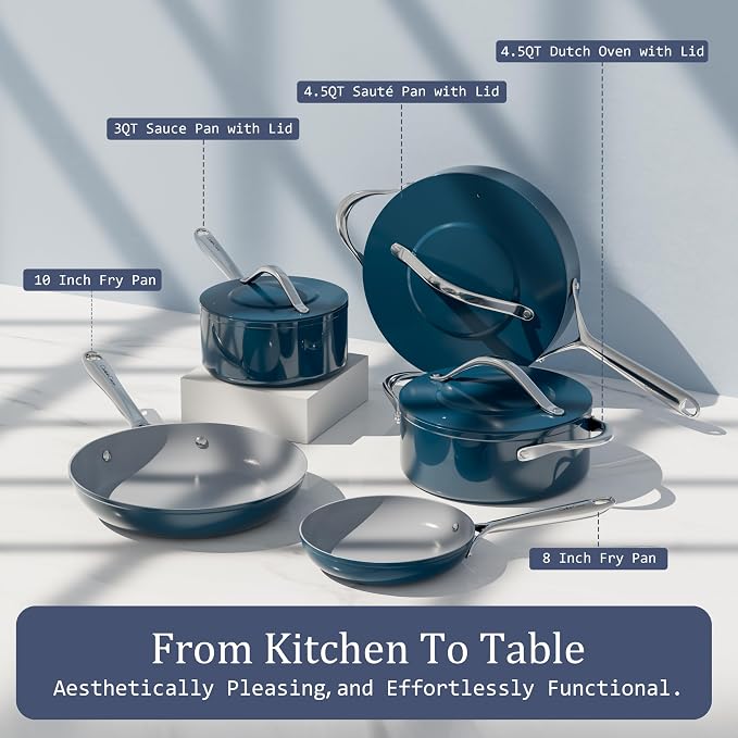 CookinCraze Premium Ceramic Sauté Pan with Lid, 4.5 QT Nonstick Deep Pan | for Healthy Everyday Cooking, PFAS & PTFE Free, Induction Compatible, Oven Safe up to 500°F, Stay-Cool Handle, Navy Blue